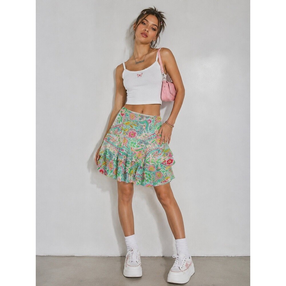 Y2K Colorful Paisley Tiered Skirt American Living S Flouncy Floral Fairy Core